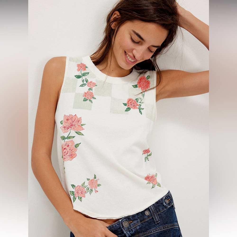 We The Free White Floral Tank Top with Pink Roses